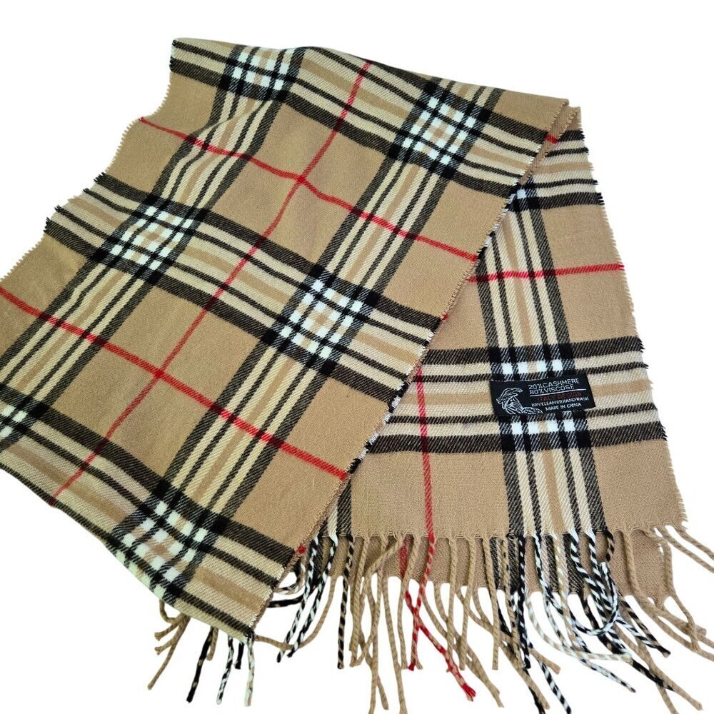 Italy Design Cashmere Blend Novitec Plaid Fringe Scarf Size 12"x64"